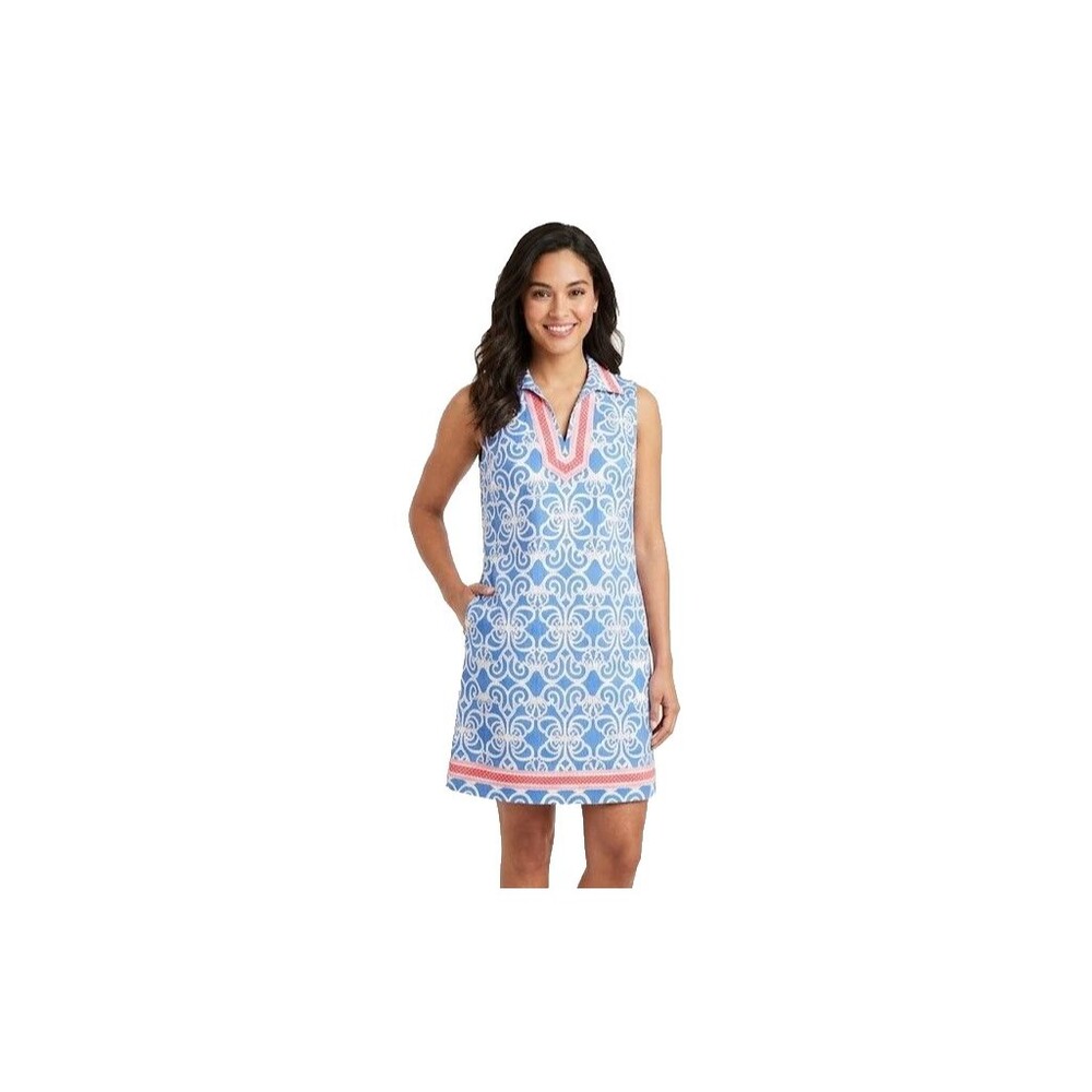 Vineyard Vines Sleeveless Tunic Shift Dress Collar Coral Blue Print Golf Size 4